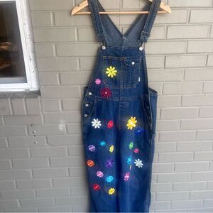 80s 90s Classic Old Navy Blue Jean Overalls Floral Patches XS